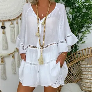 2025 Summer Loose Casual Women's Tops And Blouses Three Quarter Sleeve Cotton Linen Shirts Button Hollow Over Size Long Top