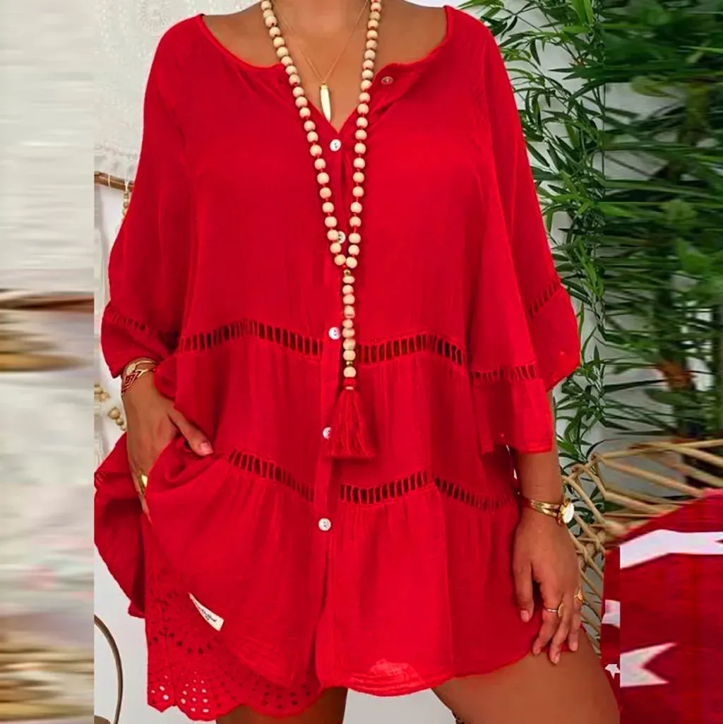 2025 Summer Loose Casual Women's Tops And Blouses Three Quarter Sleeve Cotton Linen Shirts Button Hollow Over Size Long Top