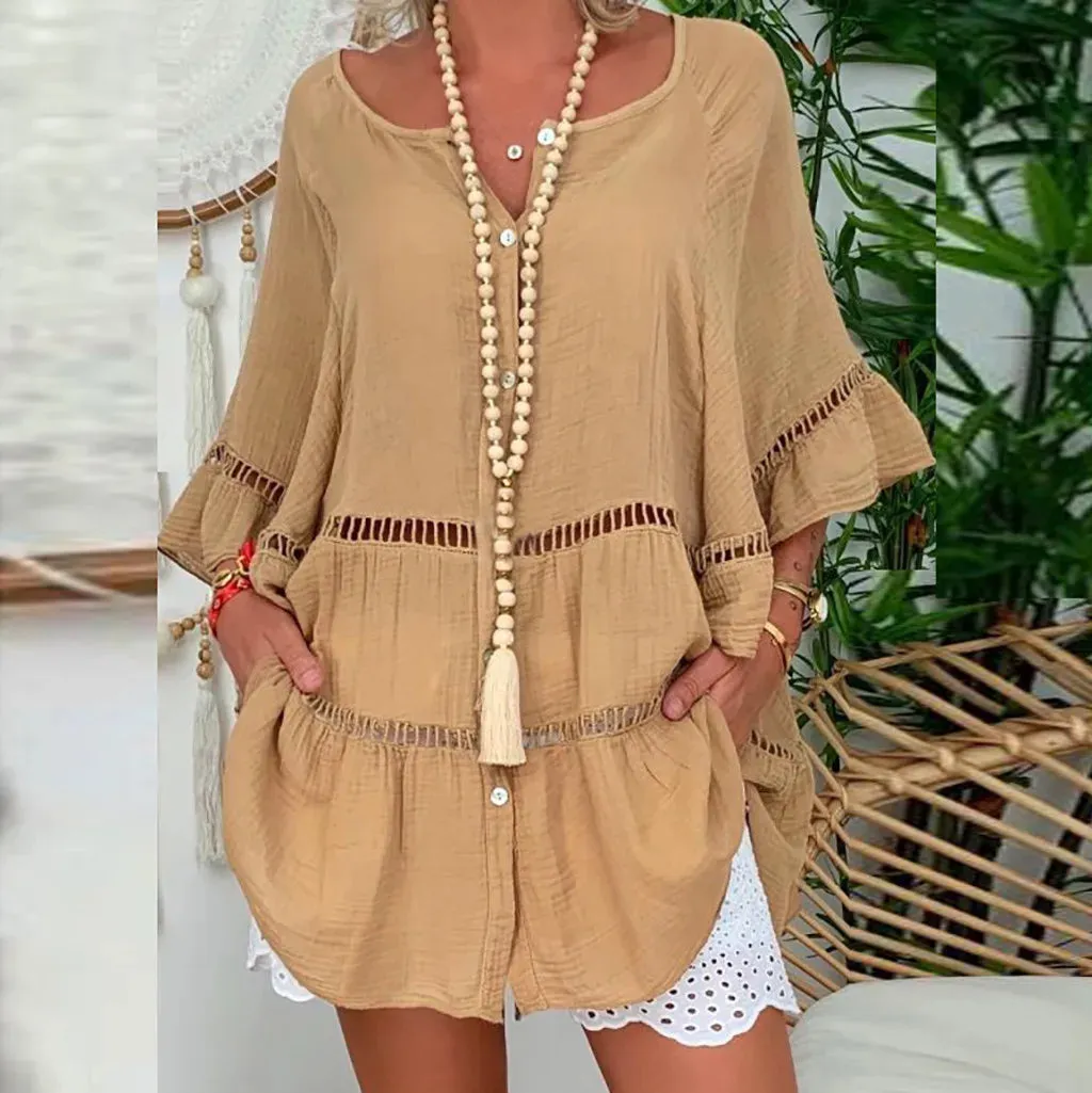 2025 Summer Loose Casual Women's Tops And Blouses Three Quarter Sleeve Cotton Linen Shirts Button Hollow Over Size Long Top