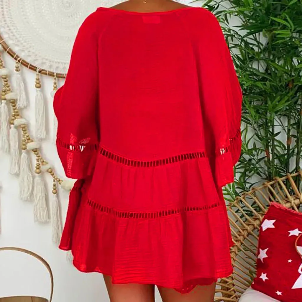2025 Summer Loose Casual Women's Tops And Blouses Three Quarter Sleeve Cotton Linen Shirts Button Hollow Over Size Long Top