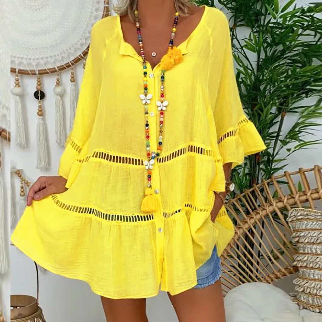 2025 Summer Loose Casual Women's Tops And Blouses Three Quarter Sleeve Cotton Linen Shirts Button Hollow Over Size Long Top