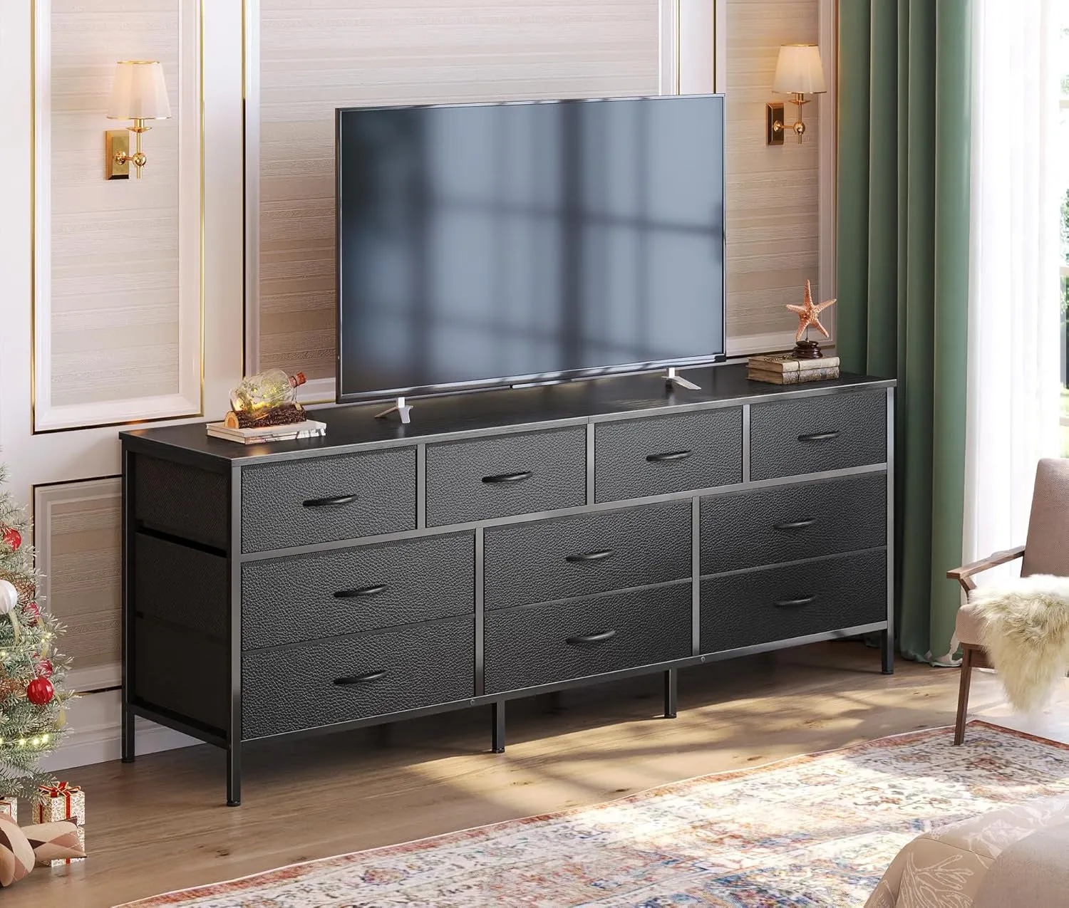 63 Inch TV Stand Dresser for Bedroom, Long Dresser with 10 Fabric