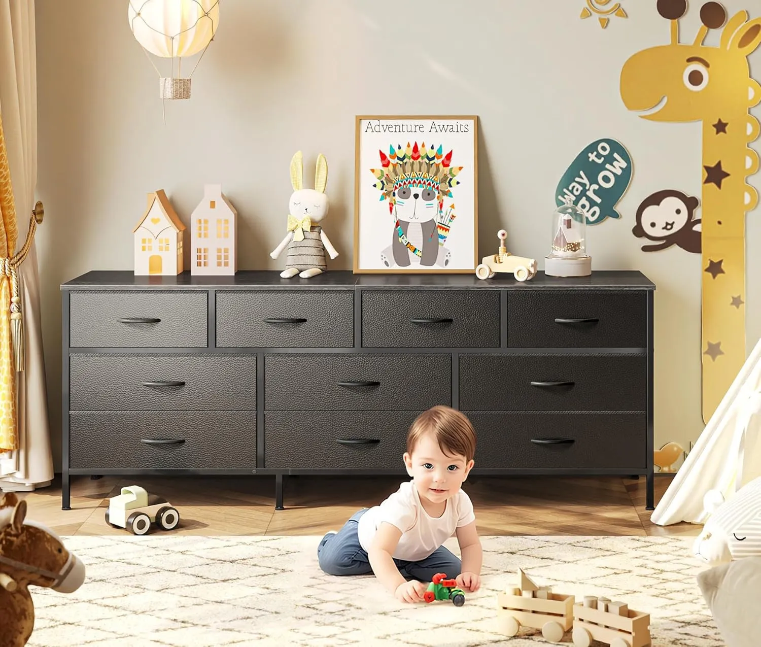 63 Inch TV Stand Dresser for Bedroom, Long Dresser with 10 Fabric
