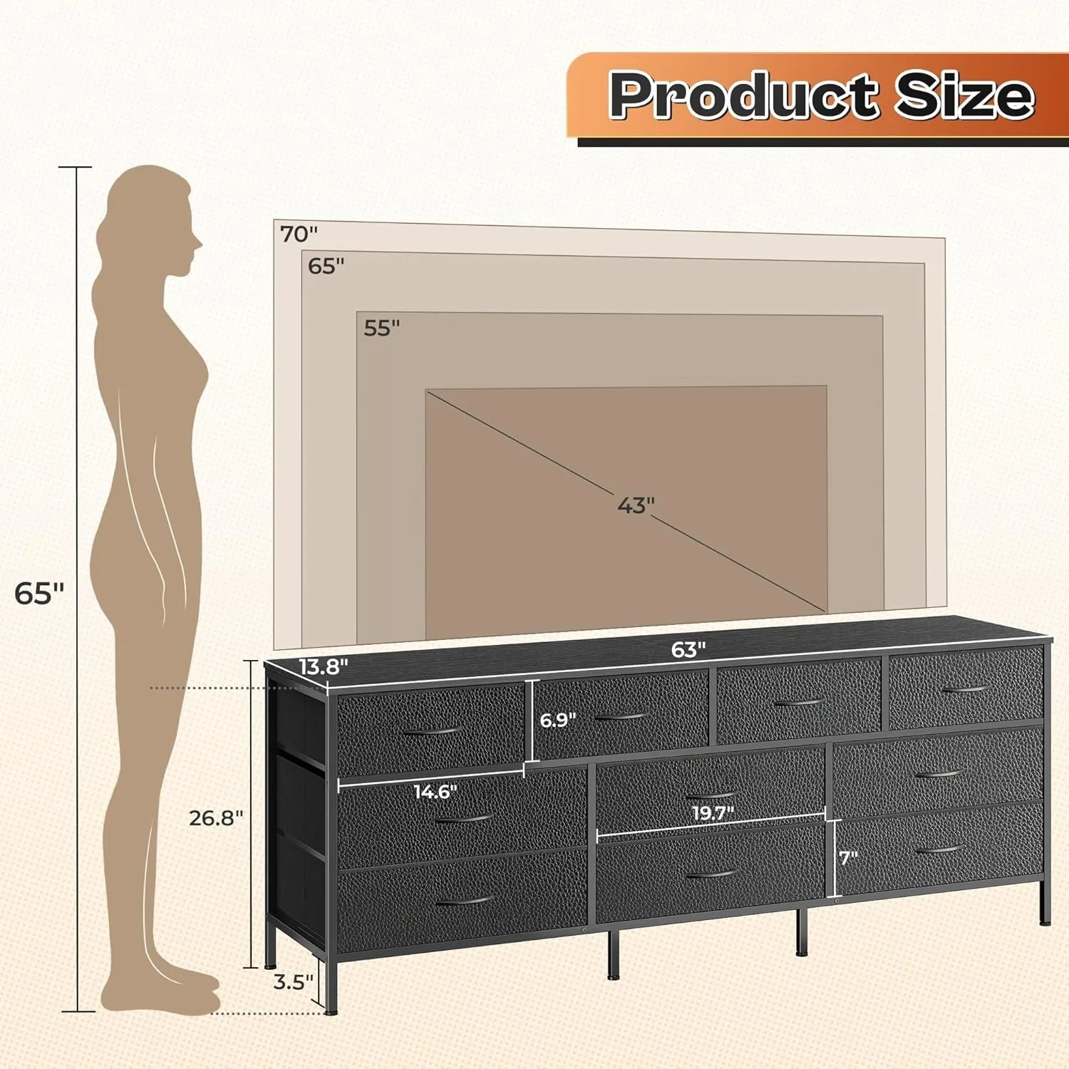 63 Inch TV Stand Dresser for Bedroom, Long Dresser with 10 Fabric