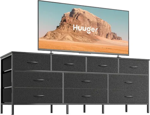 63 Inch TV Stand Dresser for Bedroom, Long Dresser with 10 Fabric