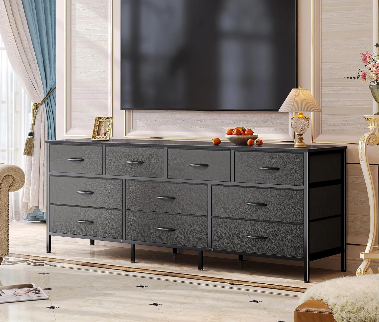 63 Inch TV Stand Dresser for Bedroom, Long Dresser with 10 Fabric