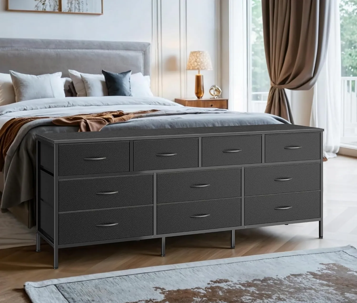 63 Inch TV Stand Dresser for Bedroom, Long Dresser with 10 Fabric