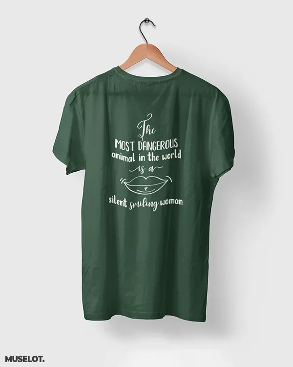 A silent smiling woman printed t shirts
