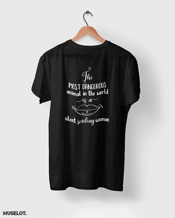 A silent smiling woman printed t shirts