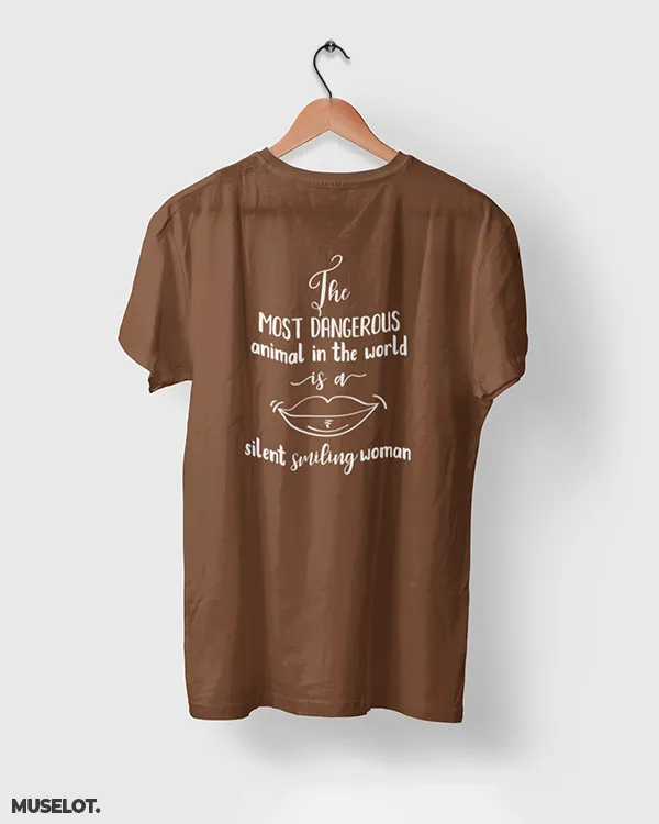 A silent smiling woman printed t shirts
