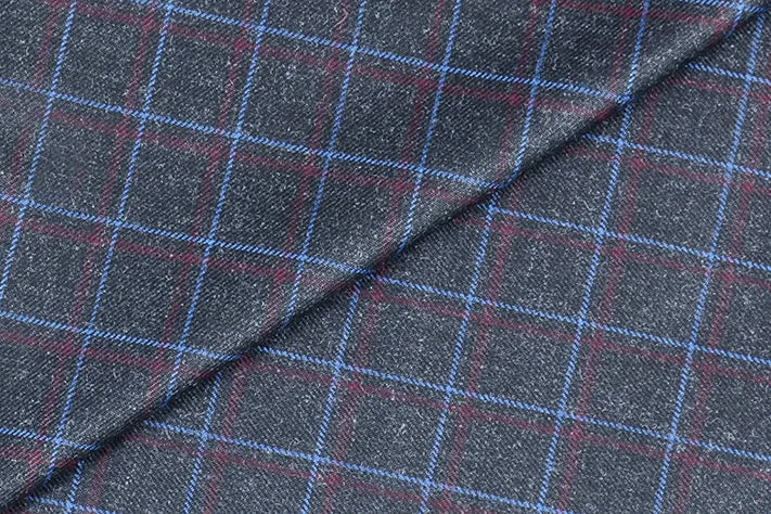 Anchor Grey Tweed Fabric with Light Blue & Red Big Checks ( 2 Meter Cut Piece)