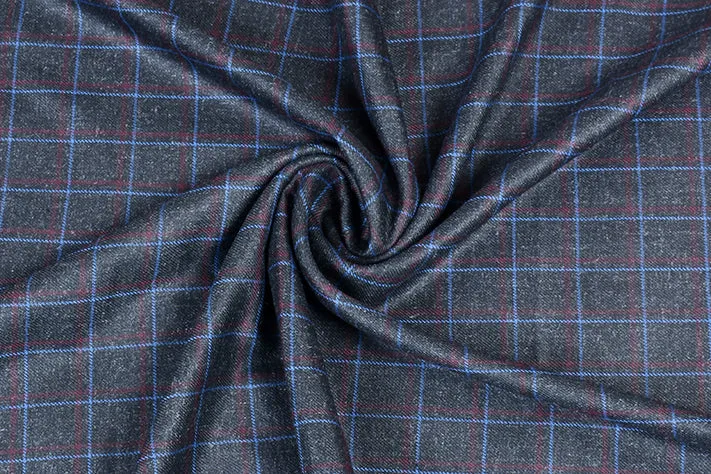 Anchor Grey Tweed Fabric with Light Blue & Red Big Checks ( 2 Meter Cut Piece)