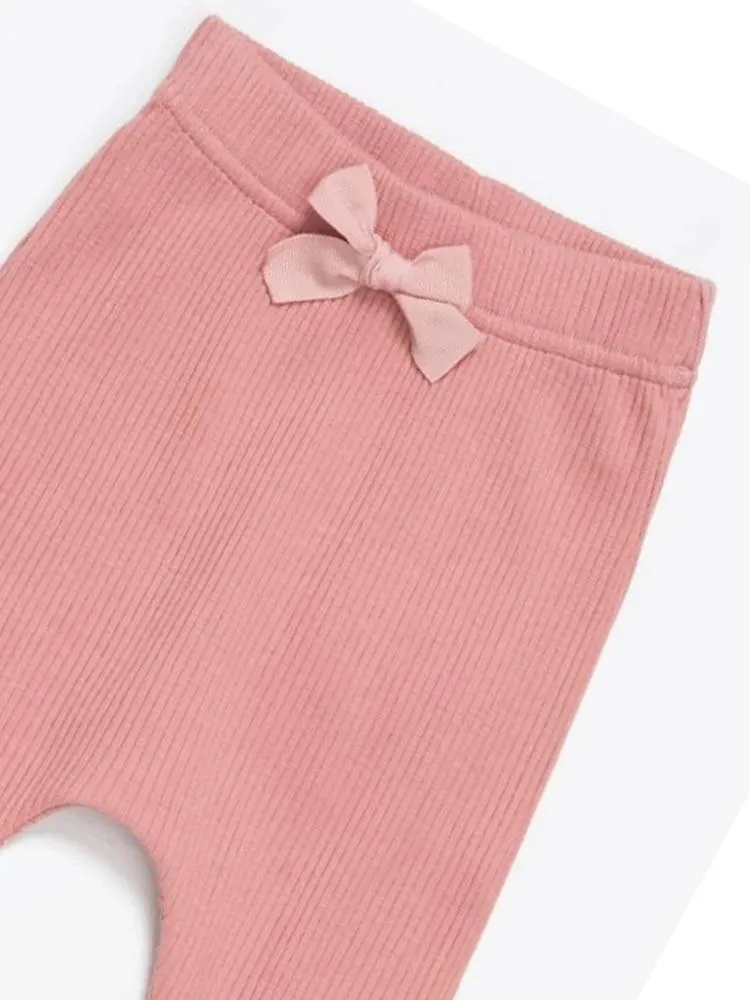 Artie - Ribbed Pink Baby Girls Bow Leggings - Rose Forest