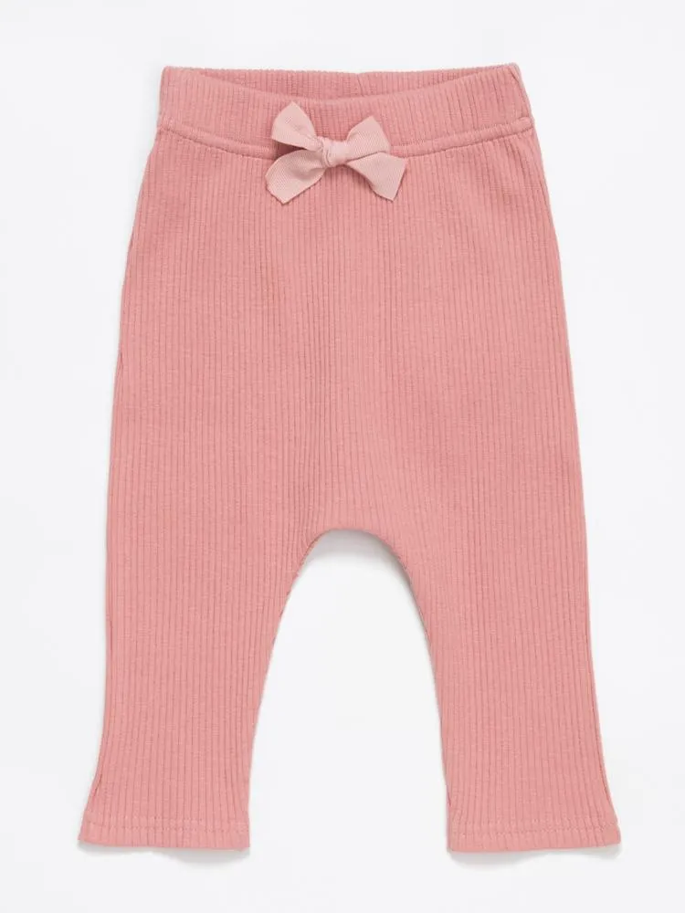Artie - Ribbed Pink Baby Girls Bow Leggings - Rose Forest