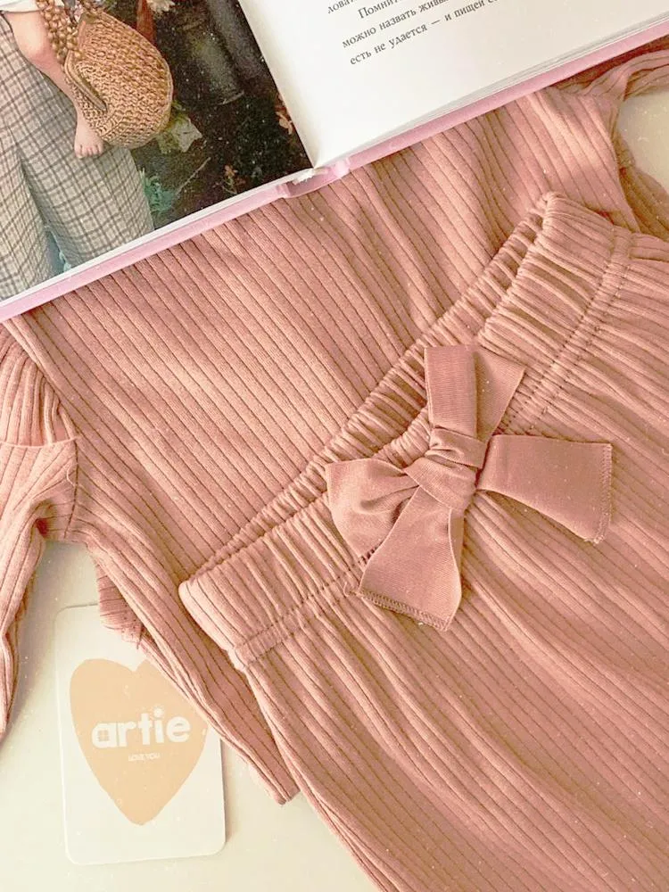 Artie - Ribbed Pink Baby Girls Bow Leggings - Rose Forest