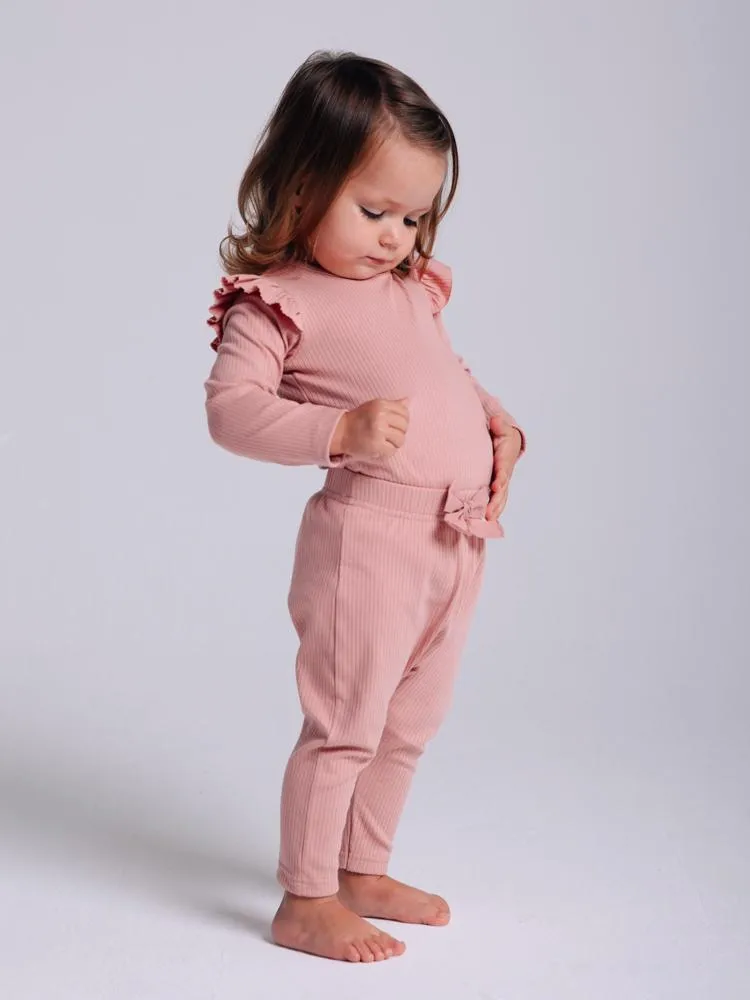 Artie - Ribbed Pink Baby Girls Bow Leggings - Rose Forest