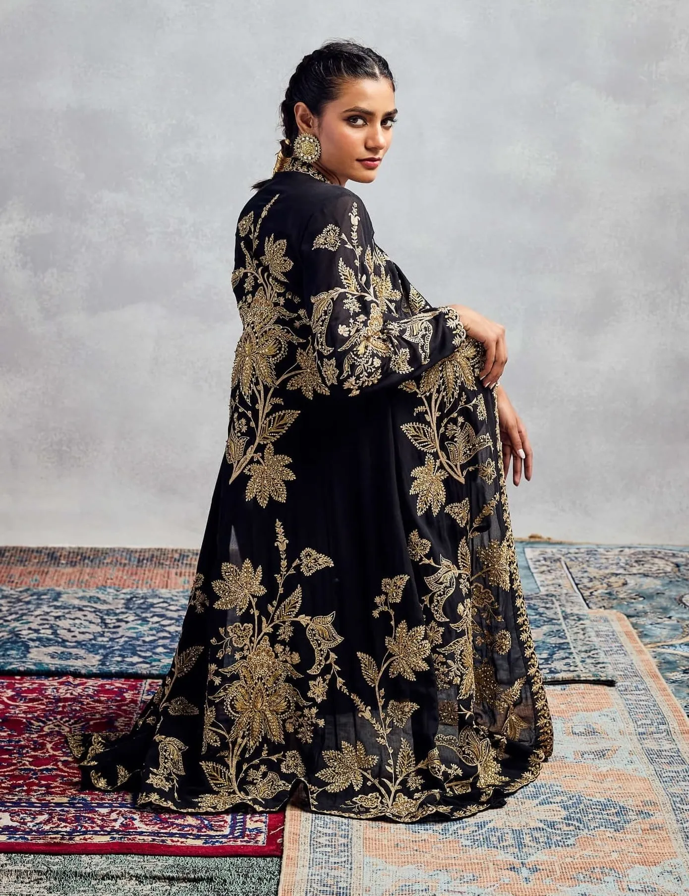 Black gold embroidered jacket and pant set
