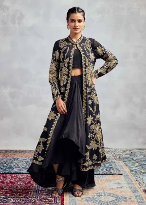 Black gold embroidered jacket and pant set