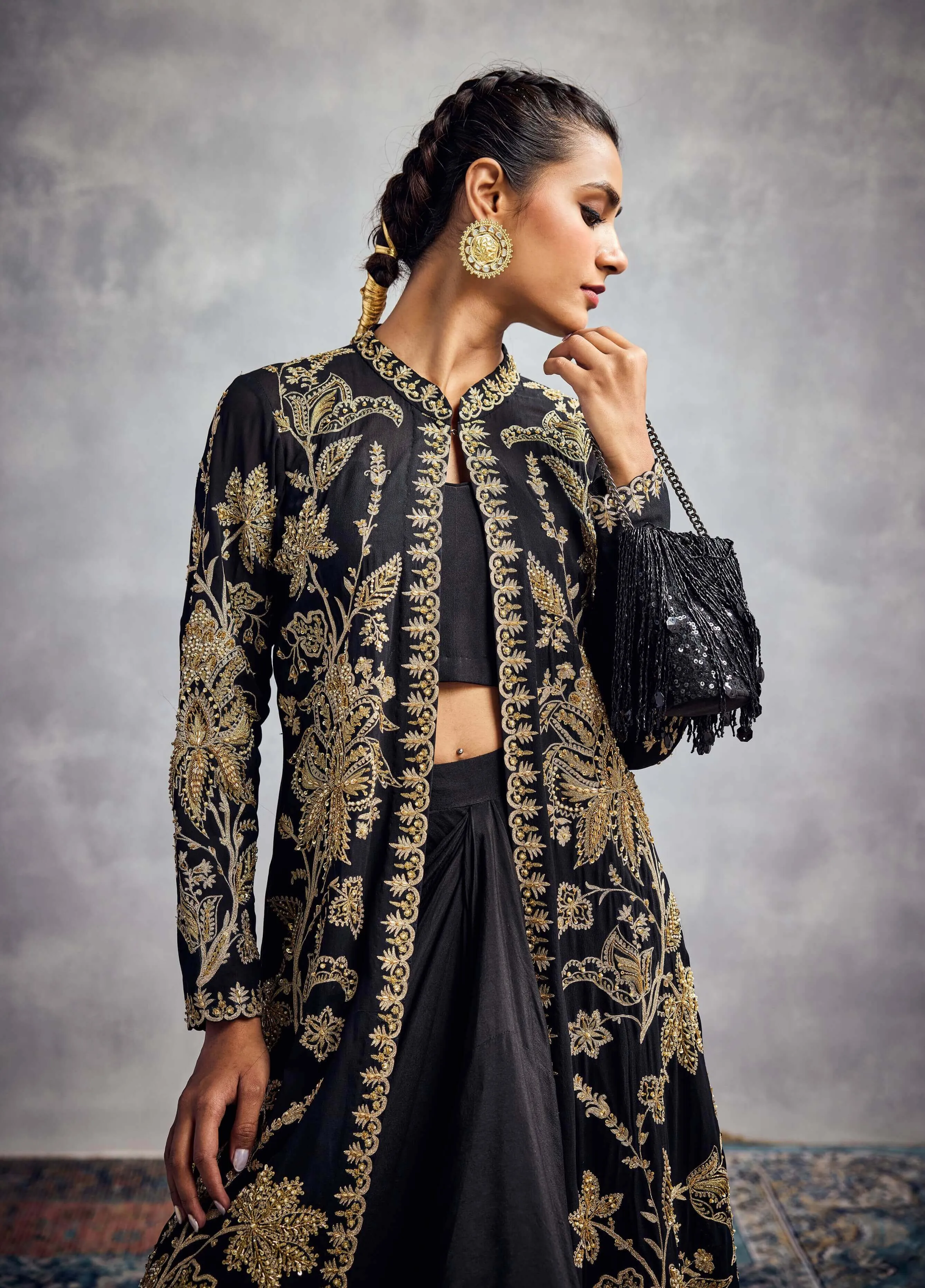Black gold embroidered jacket and pant set