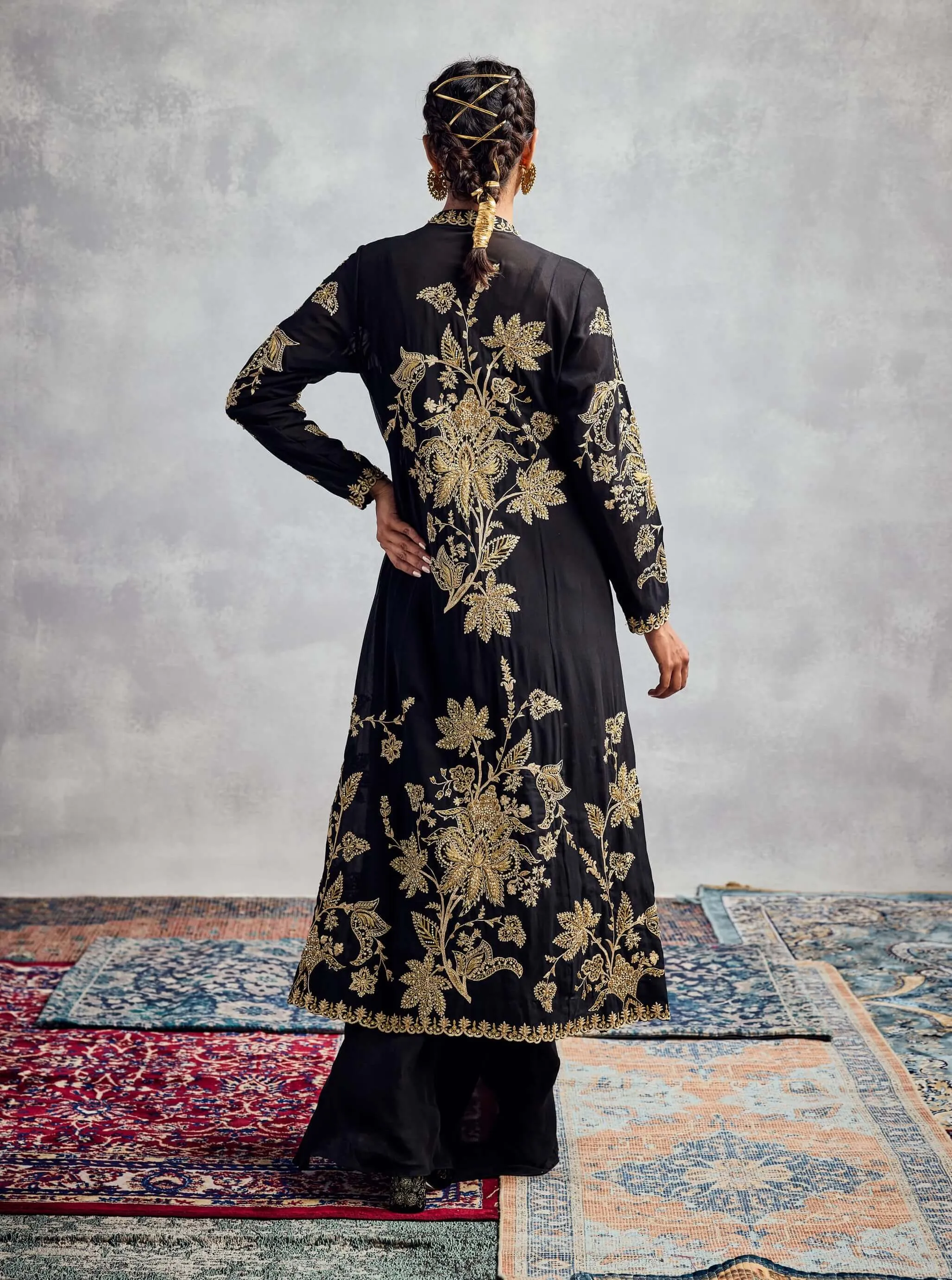 Black gold embroidered jacket and pant set