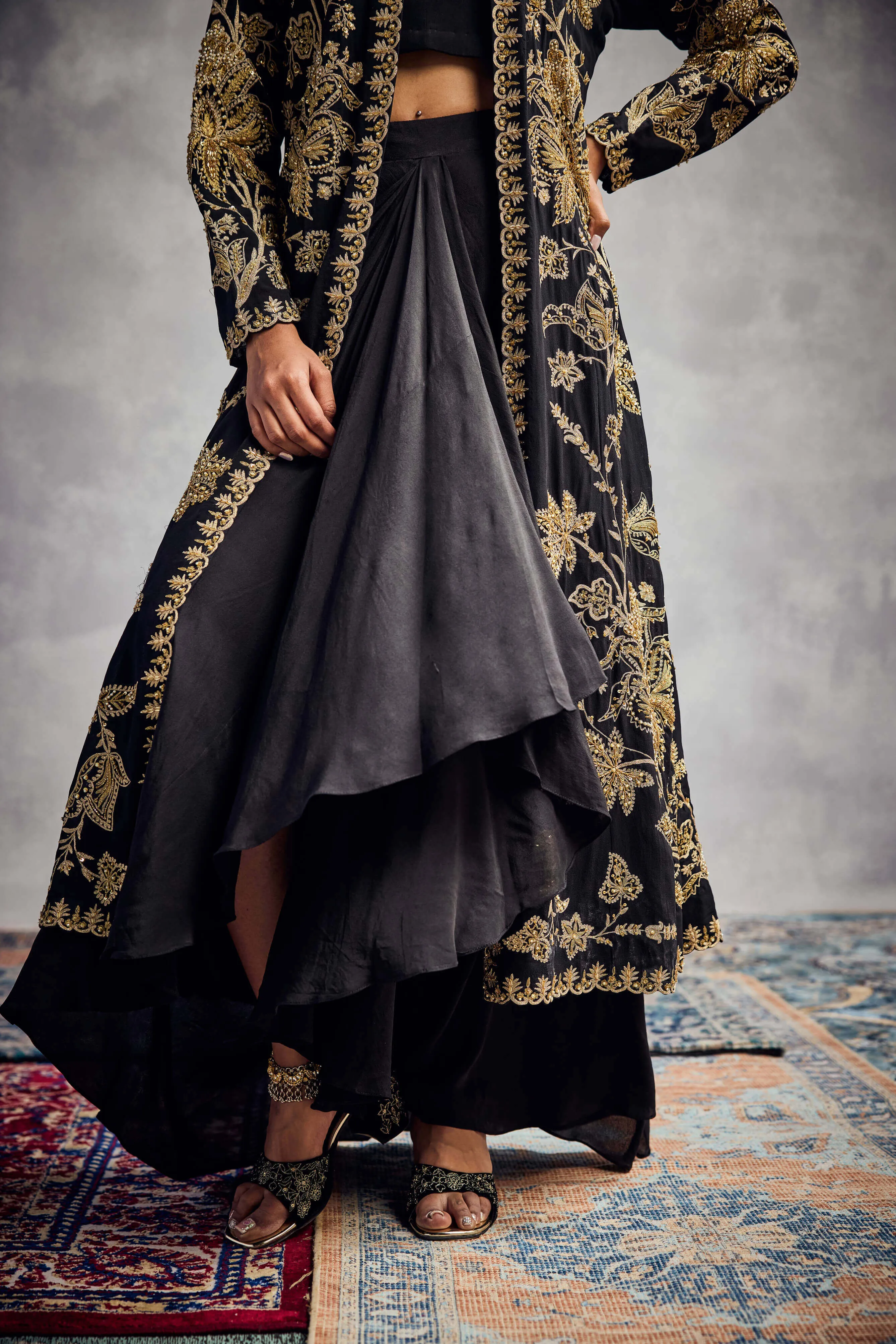 Black gold embroidered jacket and pant set