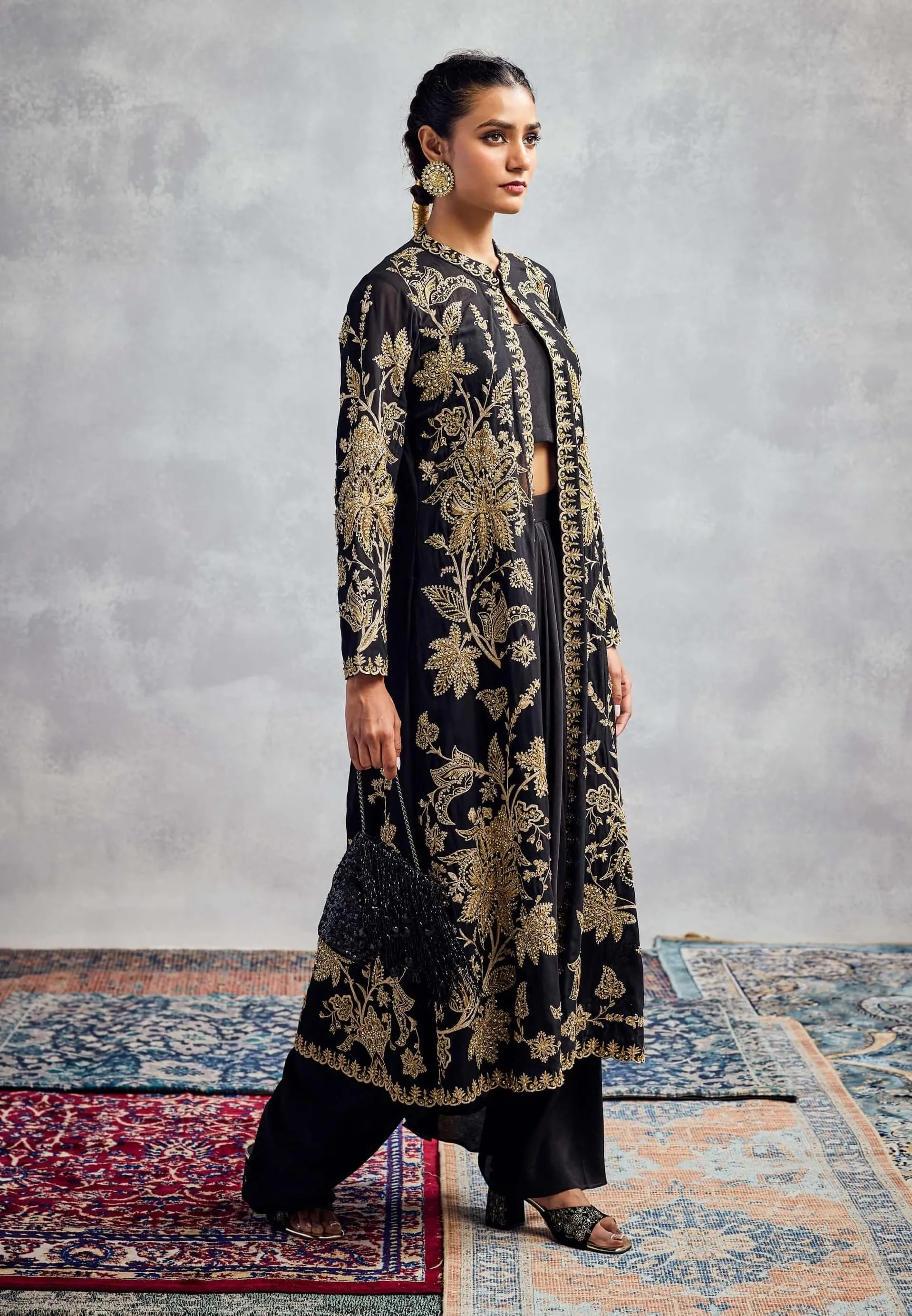 Black gold embroidered jacket and pant set