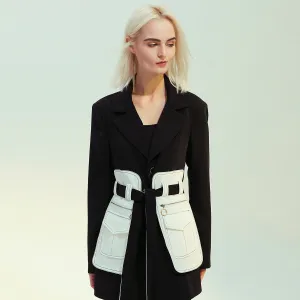 Black White Glue Pieces Retro Black White Mid-Length Blazers
