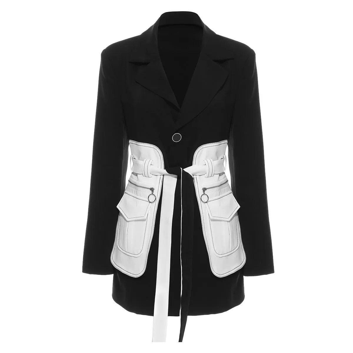 Black White Glue Pieces Retro Black White Mid-Length Blazers