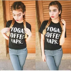 Black Yoga Coffees Nap Cotton Printed T-Shirt For Women