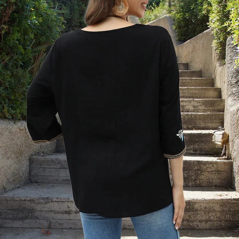 Buddha Stones Black Casual Embroidery Rose Pattern Three Quarter Sleeve Crew Neck Cotton Women's T-Shirt