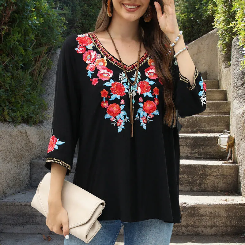Buddha Stones Black Casual Embroidery Rose Pattern Three Quarter Sleeve Crew Neck Cotton Women's T-Shirt