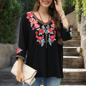 Buddha Stones Black Casual Embroidery Rose Pattern Three Quarter Sleeve Crew Neck Cotton Women's T-Shirt