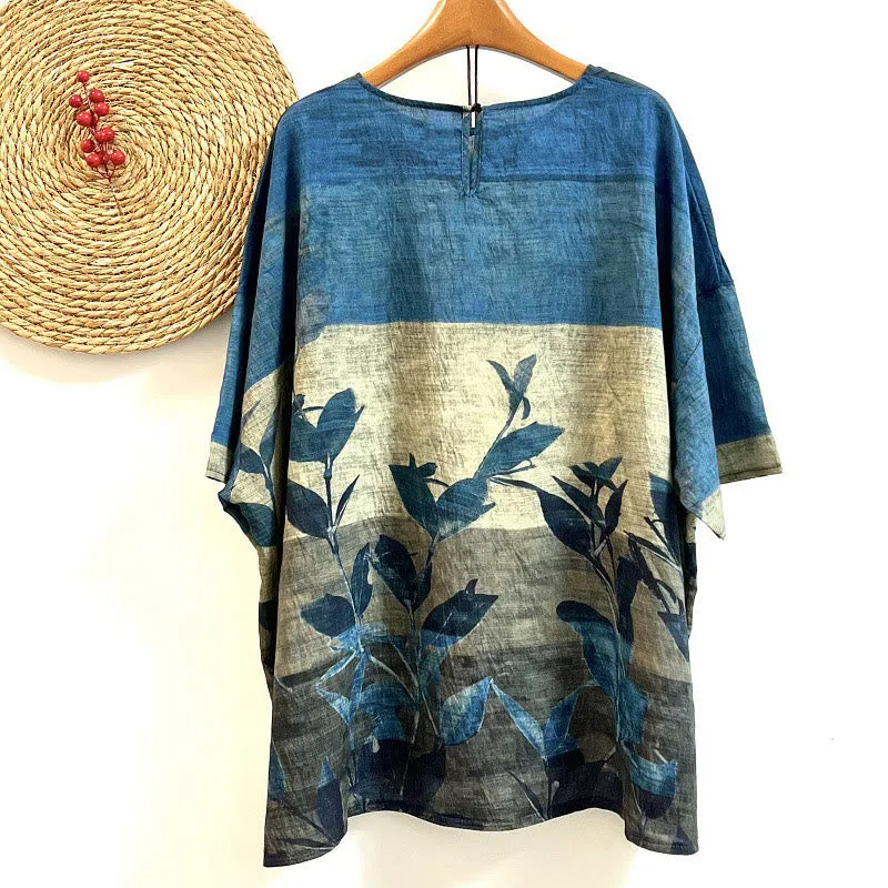 Buddha Stones Casual Loose Printed Leaf Plants Women's Crew Neck Design Half Sleeve Polyester T-shirt
