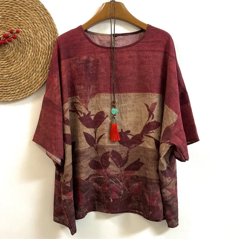 Buddha Stones Casual Loose Printed Leaf Plants Women's Crew Neck Design Half Sleeve Polyester T-shirt