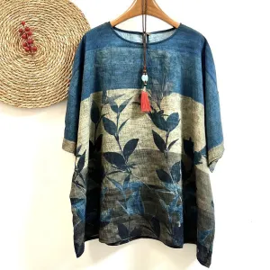 Buddha Stones Casual Loose Printed Leaf Plants Women's Crew Neck Design Half Sleeve Polyester T-shirt