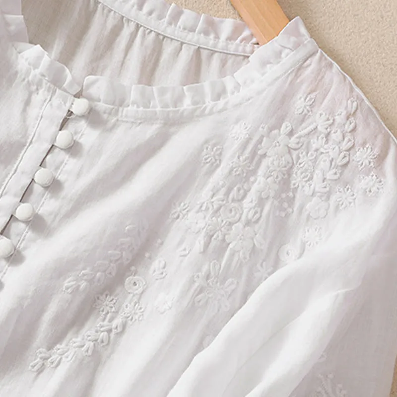 Buddha Stones Casual Plain Button Floral Embroidered Design Puff Half Sleeve Cotton Linen Women's Shirt