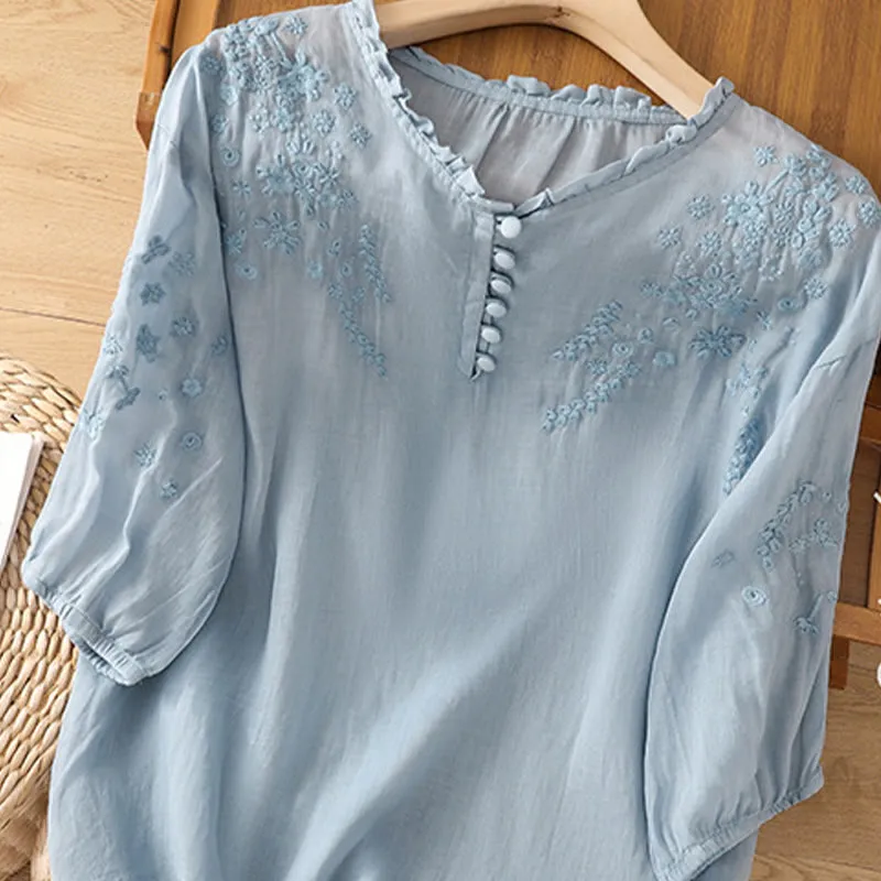 Buddha Stones Casual Plain Button Floral Embroidered Design Puff Half Sleeve Cotton Linen Women's Shirt