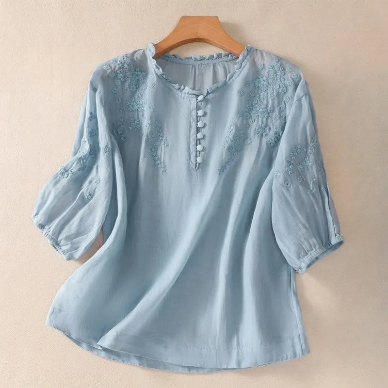Buddha Stones Casual Plain Button Floral Embroidered Design Puff Half Sleeve Cotton Linen Women's Shirt