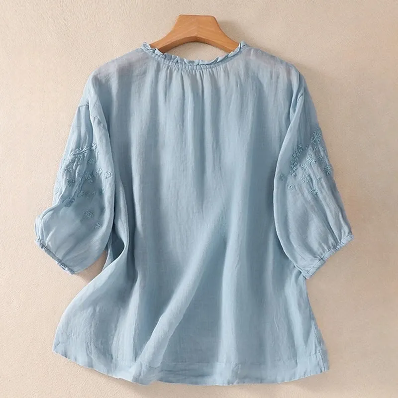 Buddha Stones Casual Plain Button Floral Embroidered Design Puff Half Sleeve Cotton Linen Women's Shirt