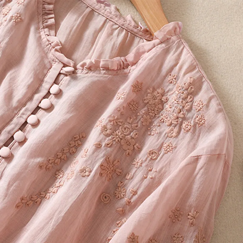 Buddha Stones Casual Plain Button Floral Embroidered Design Puff Half Sleeve Cotton Linen Women's Shirt