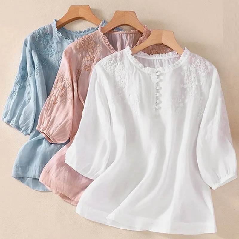Buddha Stones Casual Plain Button Floral Embroidered Design Puff Half Sleeve Cotton Linen Women's Shirt