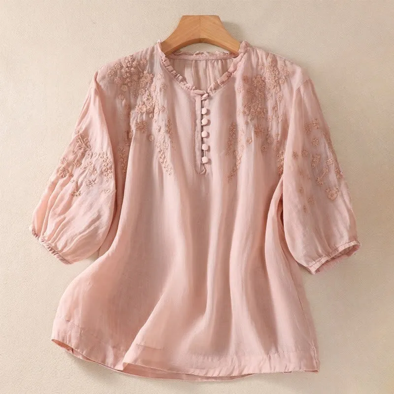 Buddha Stones Casual Plain Button Floral Embroidered Design Puff Half Sleeve Cotton Linen Women's Shirt
