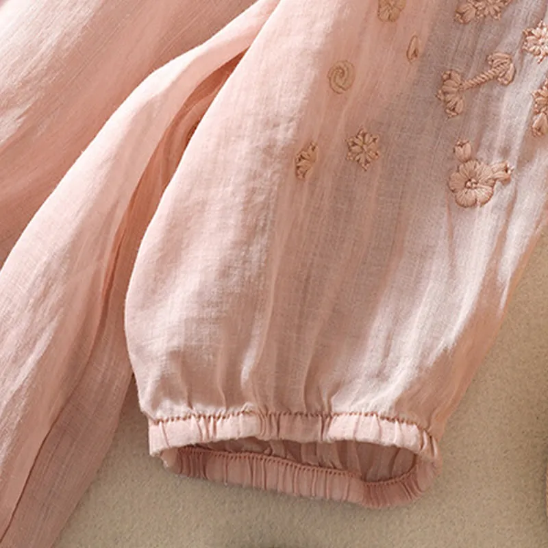 Buddha Stones Casual Plain Button Floral Embroidered Design Puff Half Sleeve Cotton Linen Women's Shirt