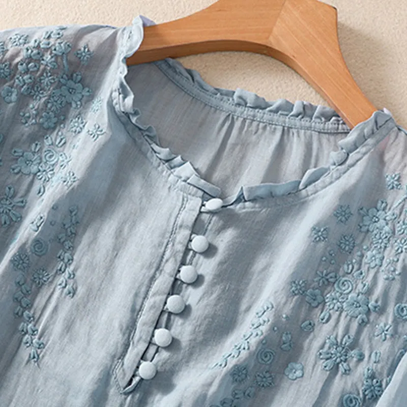 Buddha Stones Casual Plain Button Floral Embroidered Design Puff Half Sleeve Cotton Linen Women's Shirt