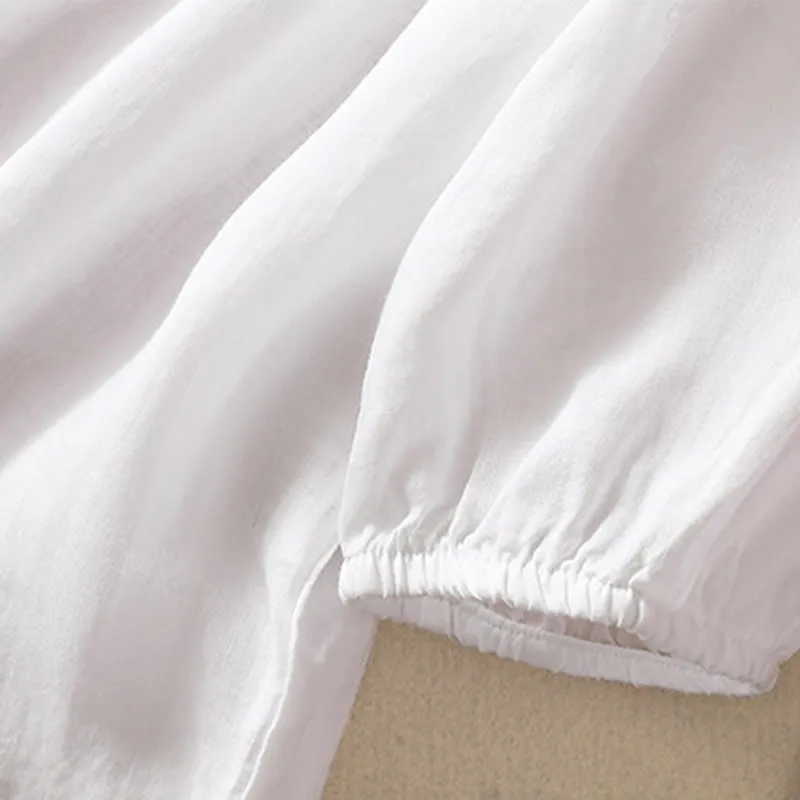 Buddha Stones Casual Plain Button Floral Embroidered Design Puff Half Sleeve Cotton Linen Women's Shirt