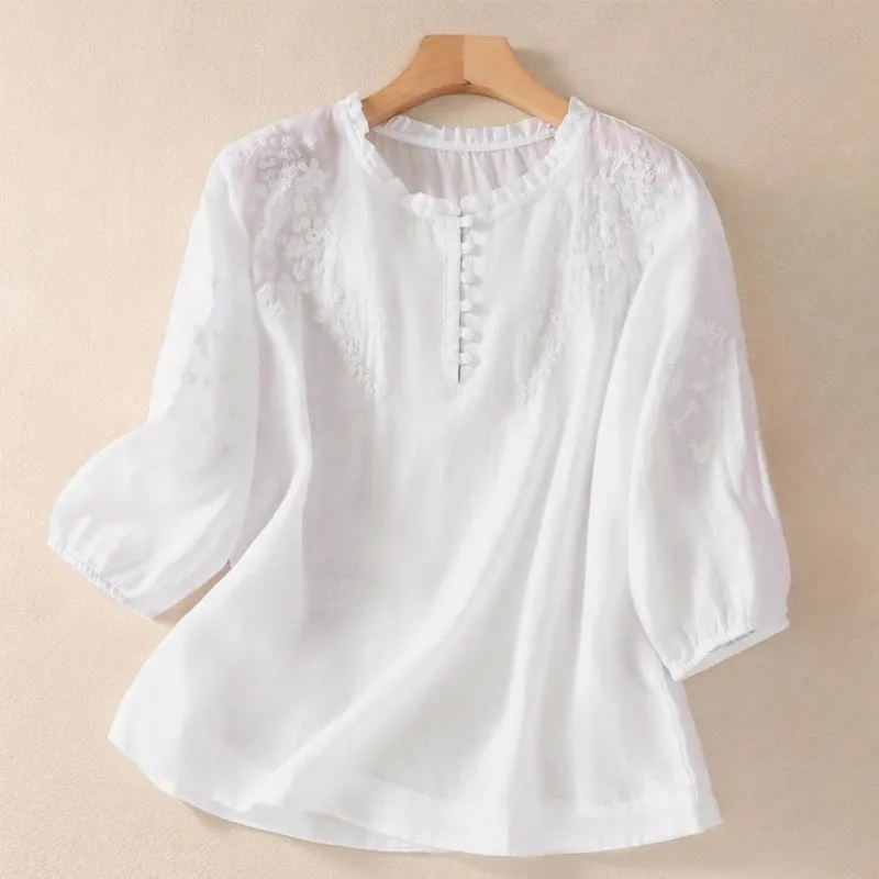 Buddha Stones Casual Plain Button Floral Embroidered Design Puff Half Sleeve Cotton Linen Women's Shirt