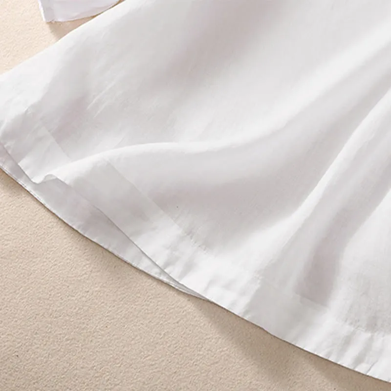 Buddha Stones Casual Plain Button Floral Embroidered Design Puff Half Sleeve Cotton Linen Women's Shirt