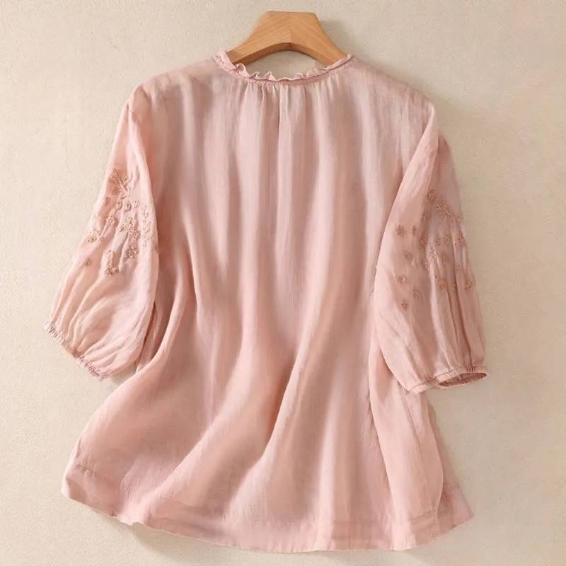 Buddha Stones Casual Plain Button Floral Embroidered Design Puff Half Sleeve Cotton Linen Women's Shirt