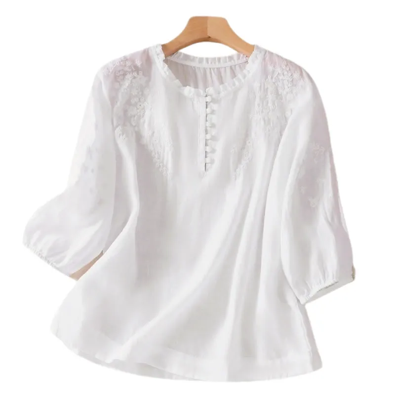 Buddha Stones Casual Plain Button Floral Embroidered Design Puff Half Sleeve Cotton Linen Women's Shirt