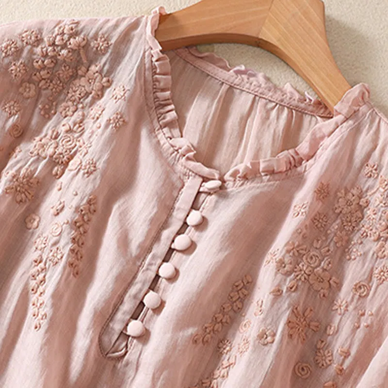 Buddha Stones Casual Plain Button Floral Embroidered Design Puff Half Sleeve Cotton Linen Women's Shirt